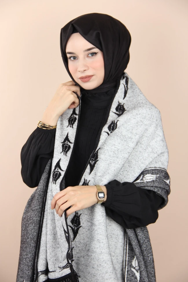 GRİ Loryan Scarf Püsküllü Omuz Şalı