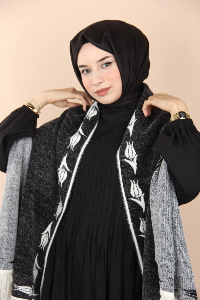 SİYAH Loryan Scarf Püsküllü Omuz Şalı