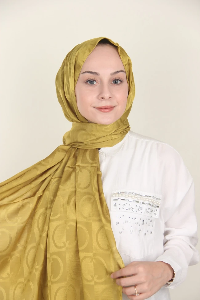 Yağ Yeşili Siyane Scarf Halka Desen Monogram Pamuk Şal