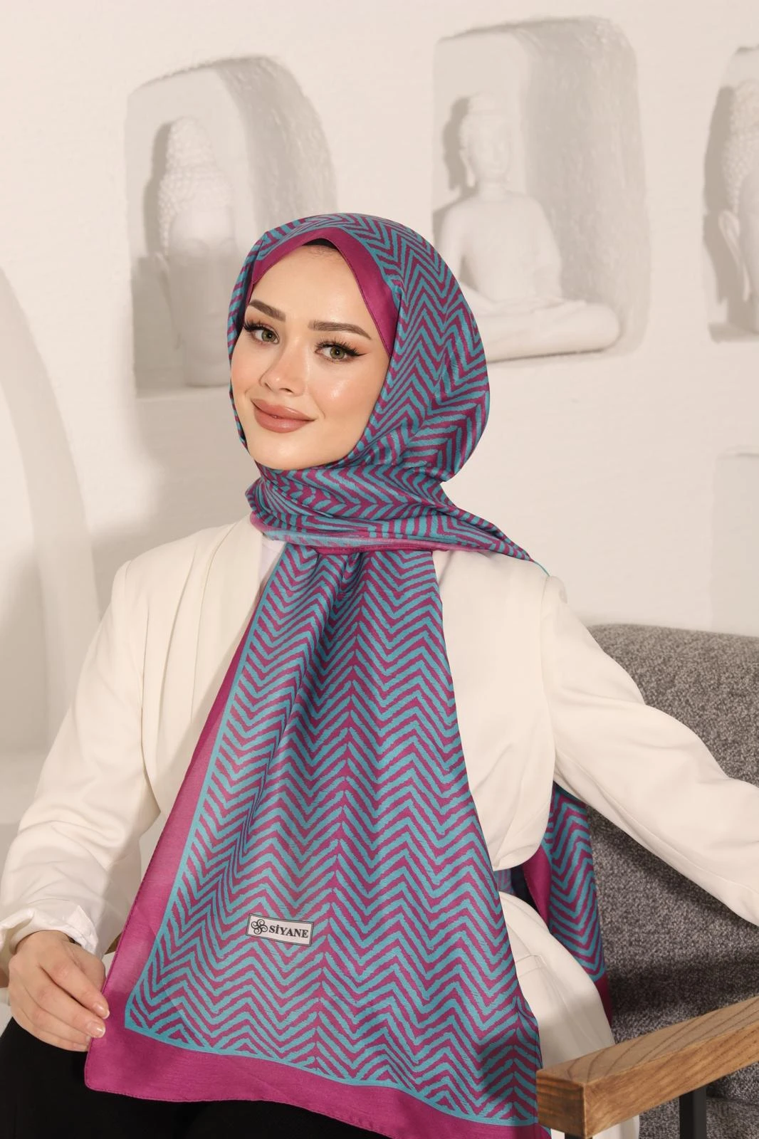 Koyu Fuşya Siyane Scarf Ok Desen Şal