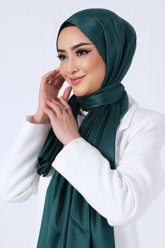 Koyu Zümrüt Harem Scarf Kristal Saten Şal