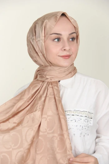 Pudra Siyane Scarf Halka Desen Monogram Pamuk Şal