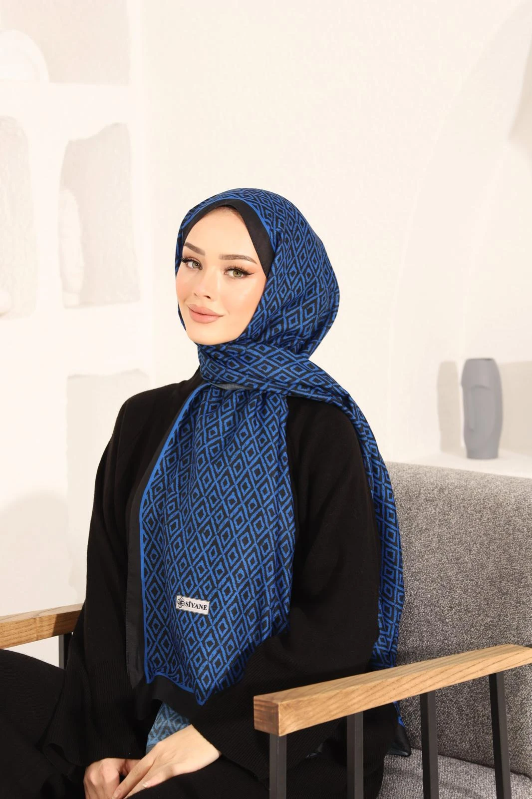 Mavi Siyane Scarf Küçük Baklava Desen Şal