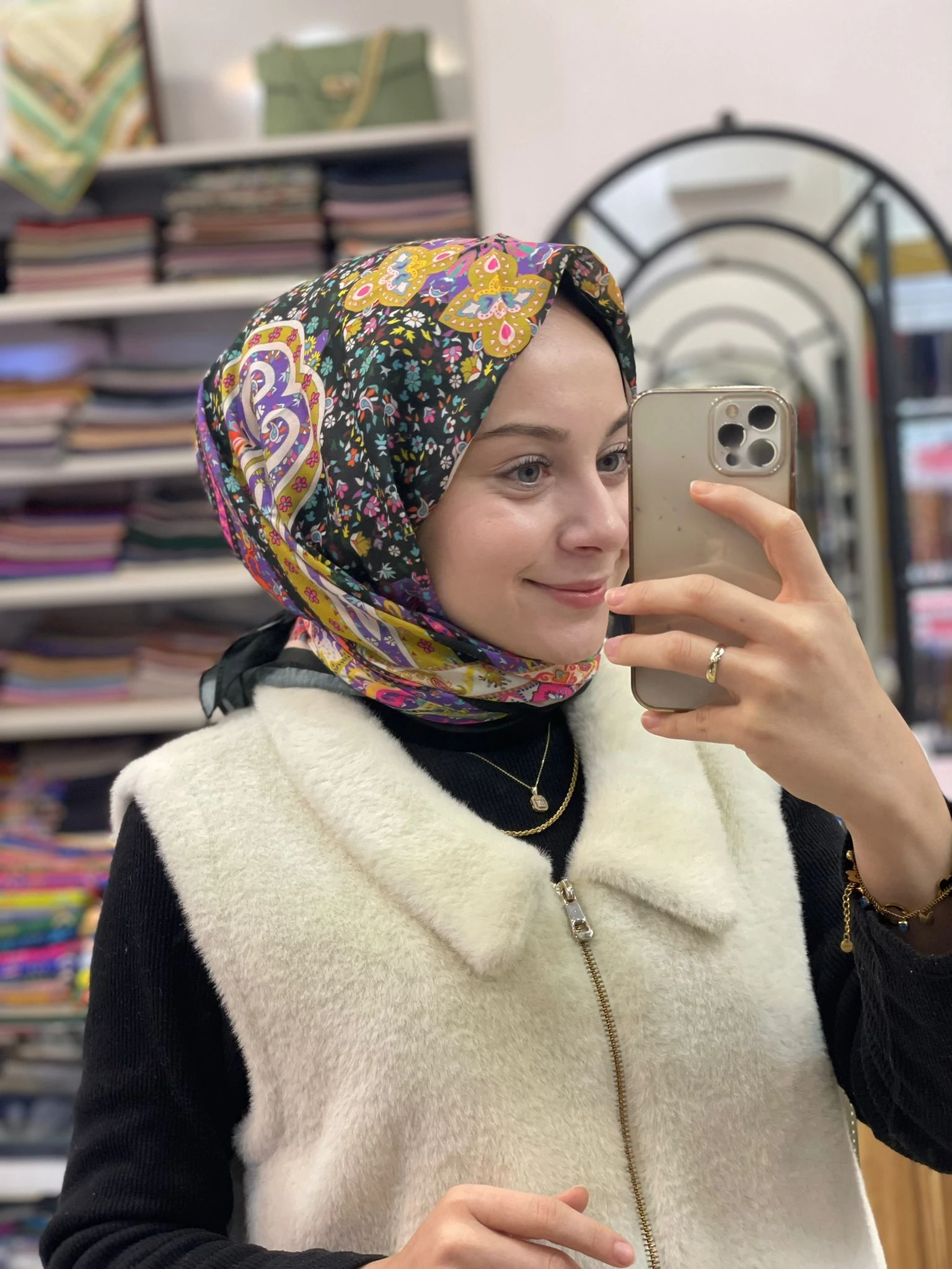 Koyu Zümrüt Siyane Scarf Renkli Etnik Desen Pamuk Eşarp