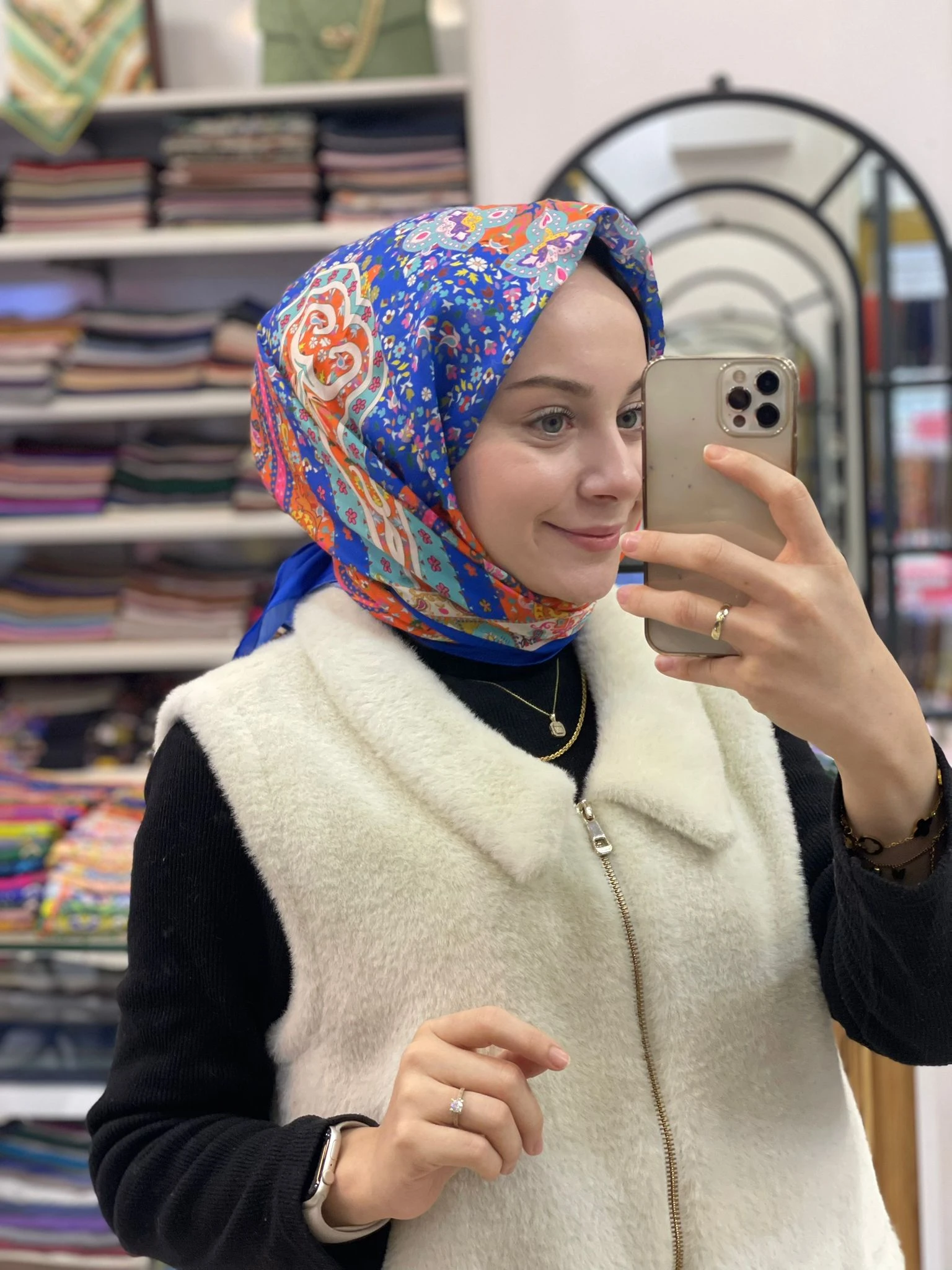 Saks Siyane Scarf Renkli Etnik Desen Pamuk Eşarp