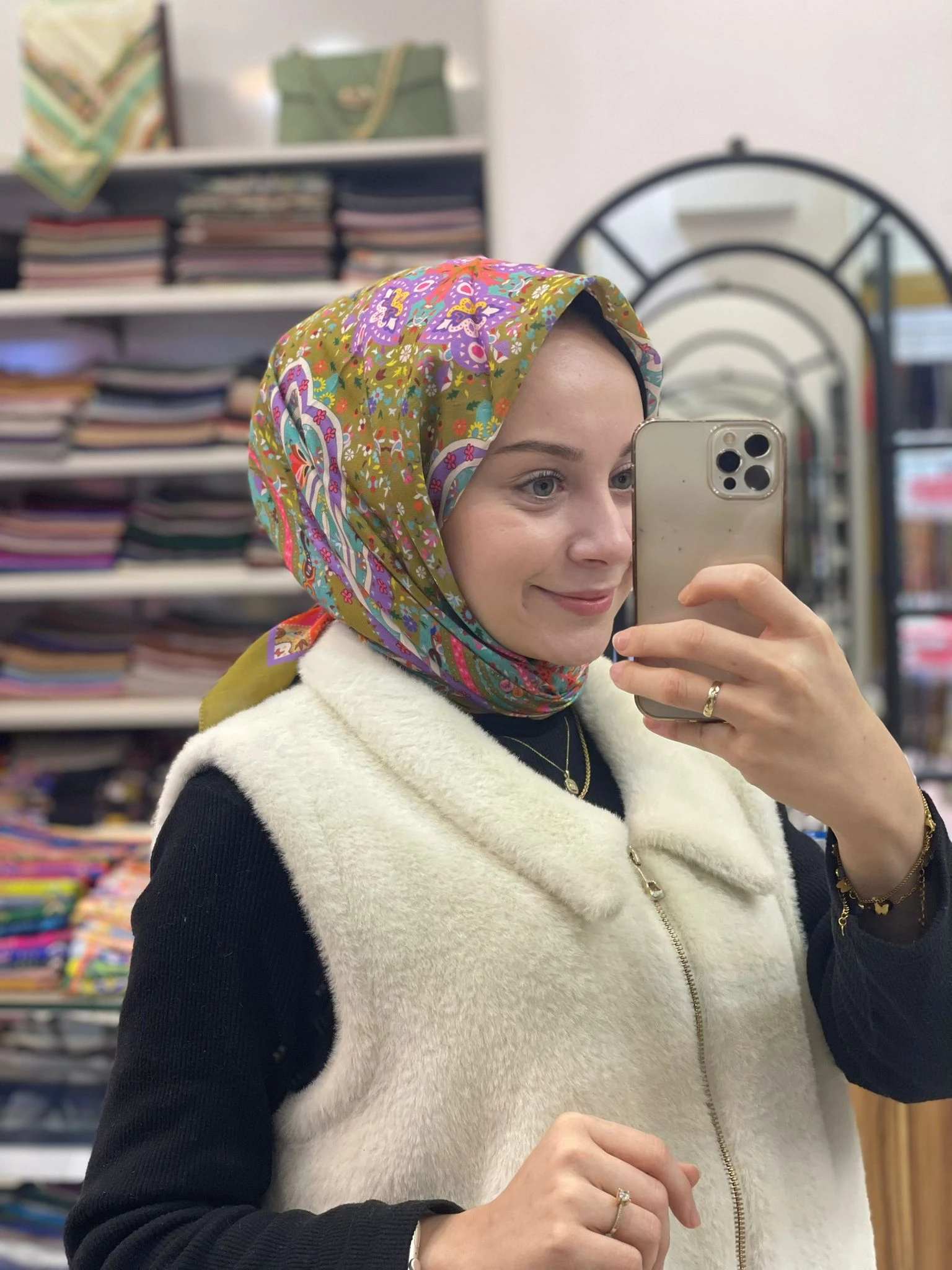 Yağ Yeşili Siyane Scarf Renkli Etnik Desen Pamuk Eşarp