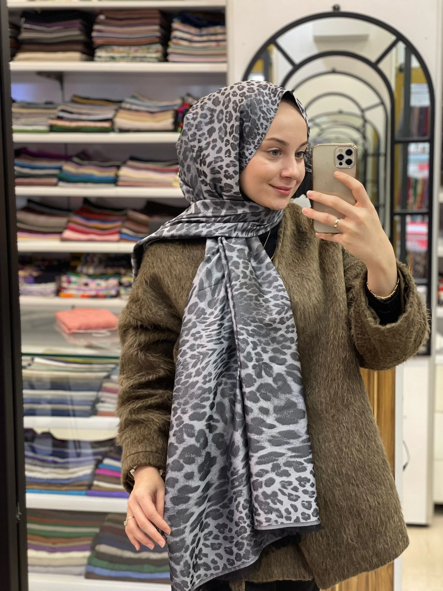 AÇIK GRİ Siyane Scarf Jakar Leopar Desen Şal