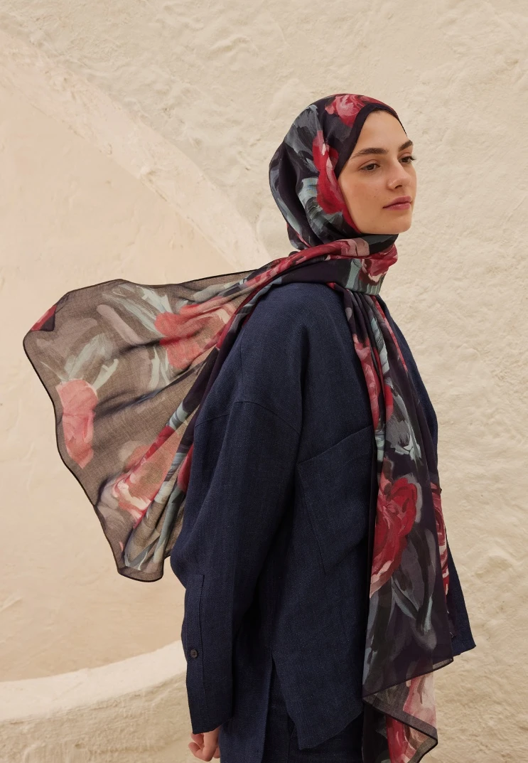 LACİVERT Fresh Scarfs Summer Rose Desen Rami Şal